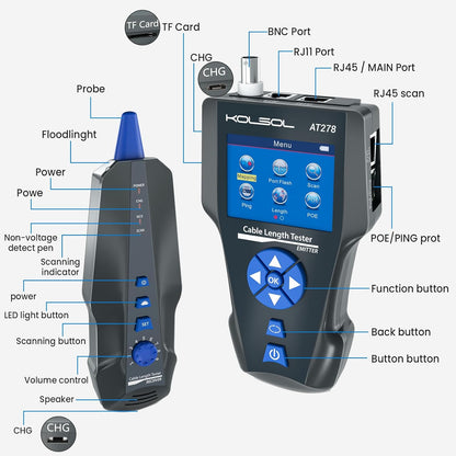 Netwerkkabeltester – Kabeltester – Kabeltracker – Kabelzoeker – Netwerkkabellocator – Voor RJ45, RJ11 en BNC – TDR Kabellengtemeting en PoE Detectie