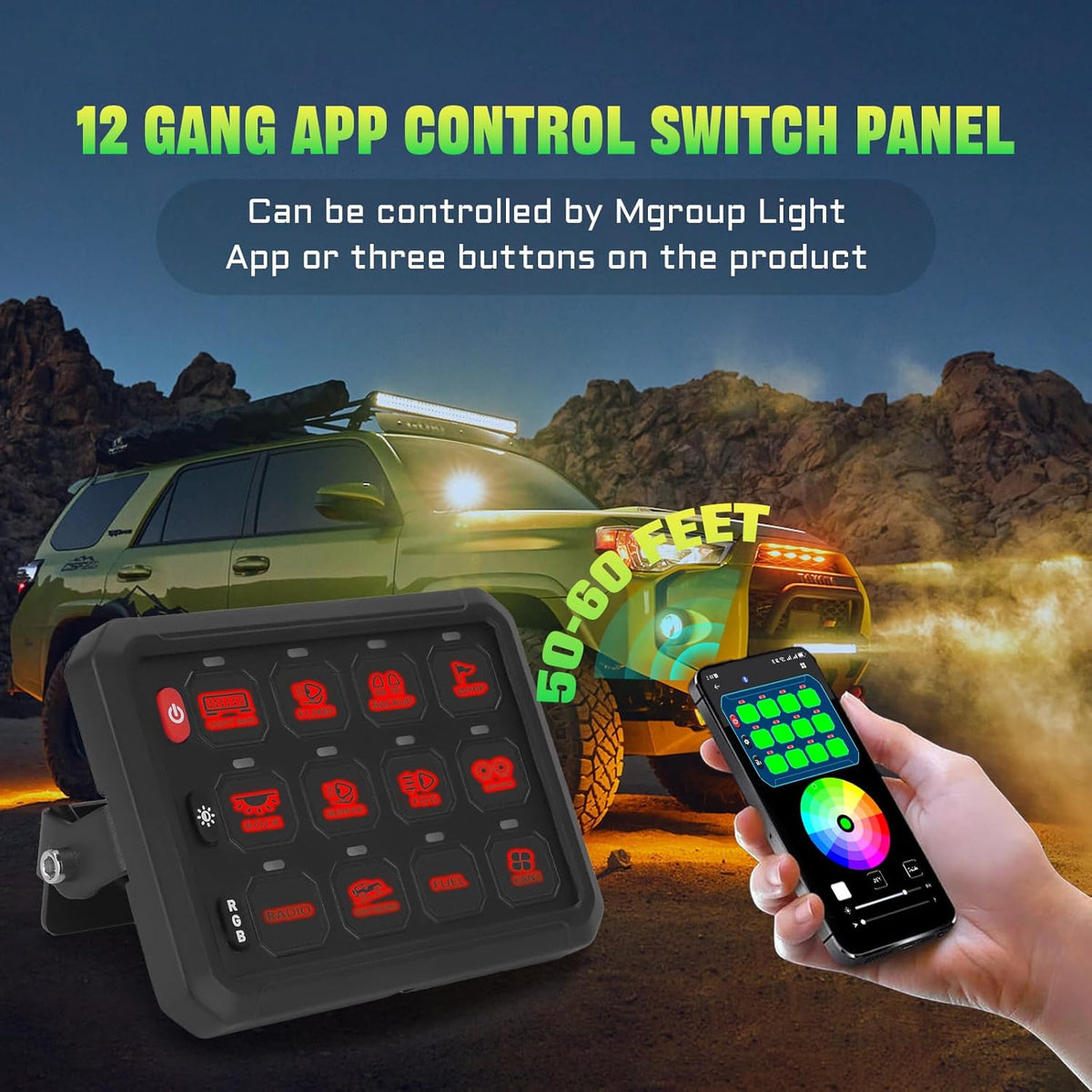 Chelhead 12-gangs schakelpaneel met 80A RGB-app-bediening, multifunctioneel, dimbaar, bluetooth, afstandsbediening, waterdicht, universeel