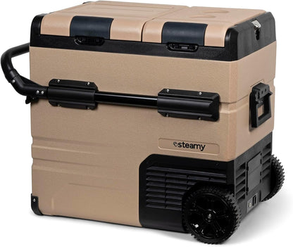 Steamy-E Dual Zone 55 Roller, Elektrische Compressor Koelbox op wielen, 54 Liter, Zandkleurig, 12V/230V, voor vriezen en koelen van -20 tot +20, ideaal voor op de camping