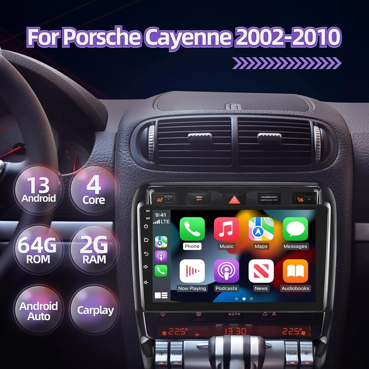 NHOPEEW Android 13 autoradio voor Porsche Cayenne 2002-2010 met Apple Carplay en Android Auto 9 inch touchscreen 2+64G autoradio GPS navigatie Hi-Fi + AHD achteruitrijcamera en microfoon