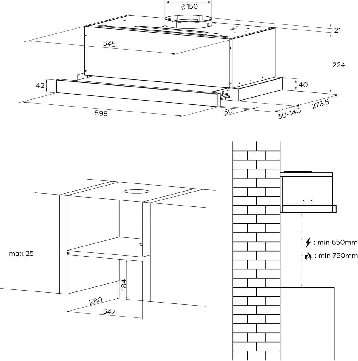 CIARRA CBCS6909A A+ afzuigkap 60cm, 600 m³/h,3 standen, geïntegreerde platte afzuigkap, met CBCF055 actieve koolfilter, zilver - QUORE