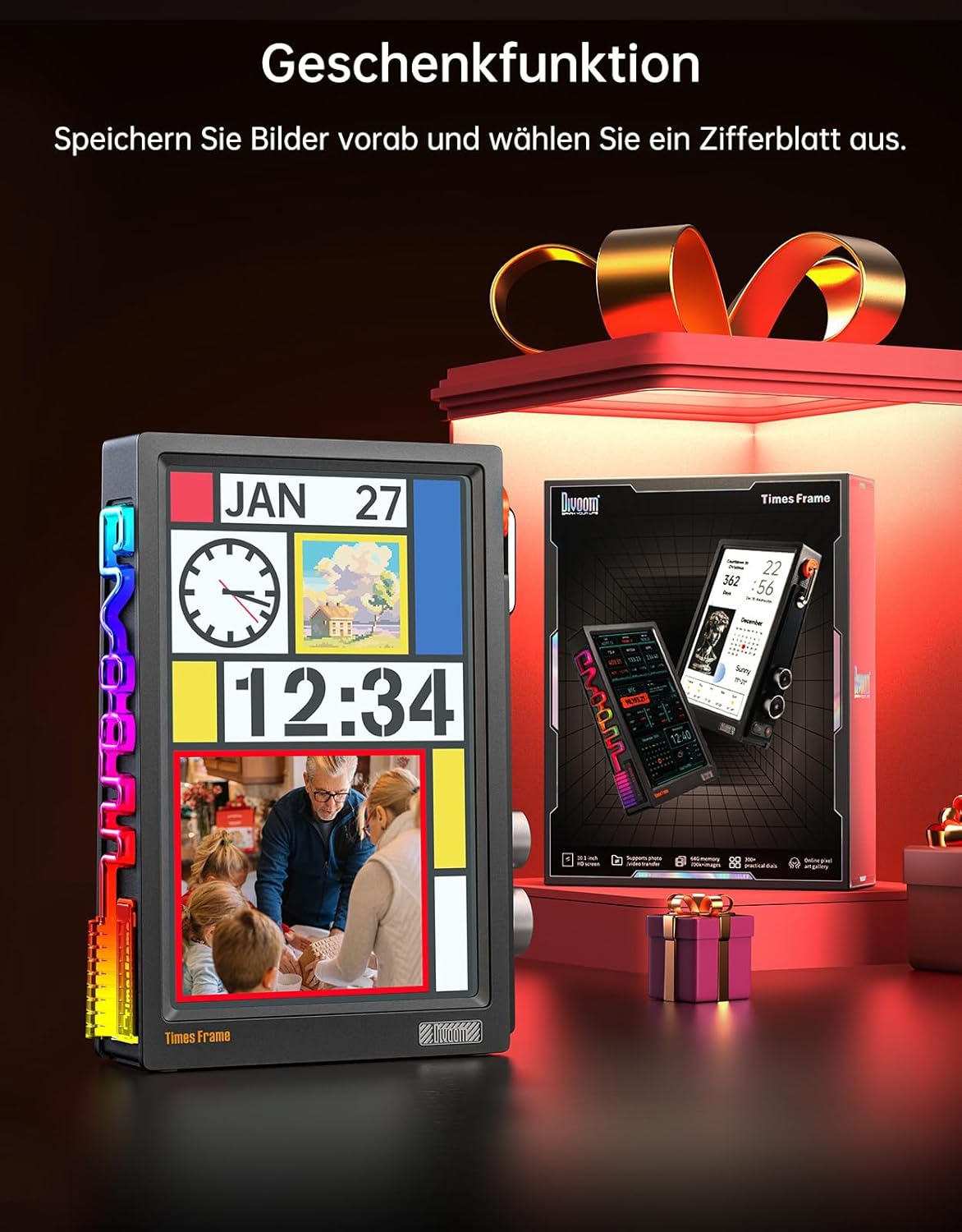 Divoom Times Frame Transparante digitale fotolijst (10,1 inch) met wifi en 64 GB, IPS-display met zwevend effect en RGB-draaiknop, 400+ wijzerplaten, widgets en pixel-art community (zwart)