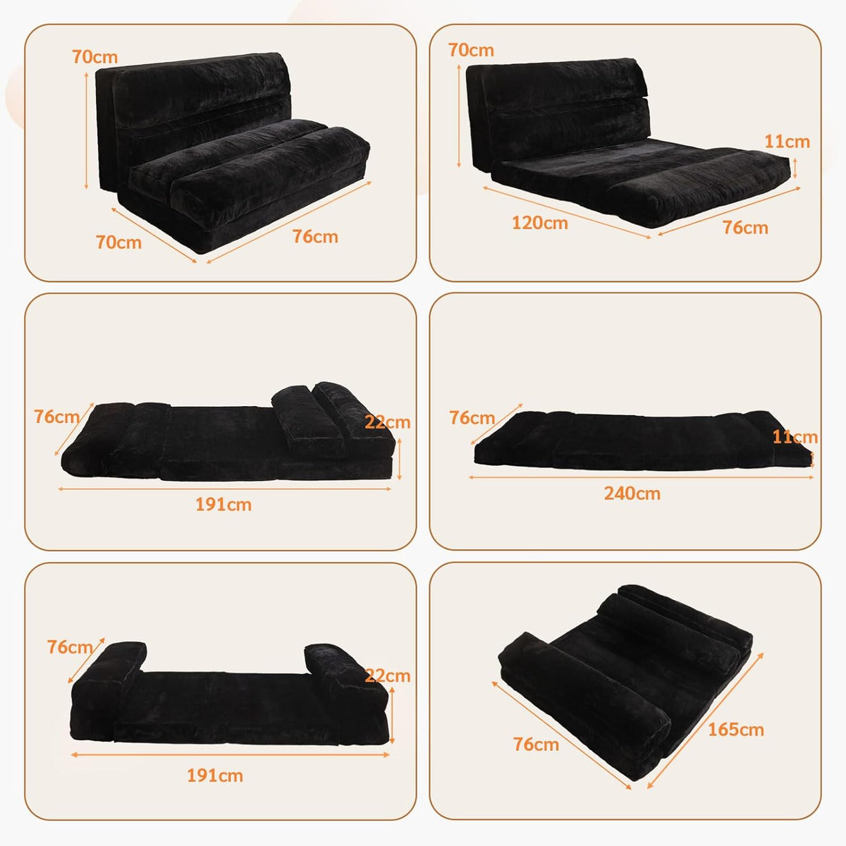 MAXYOYO Bean Bag Bed Foldable Sofa Bed Floor Mattress for Adults, Extra Thick 6 Fold Floor Sofa Floor Sofa for Bedroom Living Room, Black, 75x240cm