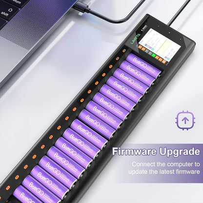 Batterijlader – Acculader – Oplaadstation – Batterijoplader – Intelligente Lader – Touchscreen Display – Refresh-functie – Snel Opladen – Geschikt Voor AA AAA NiMH NiCd Li-Ion – 24 Batterijen Gelijktijdig – DC-Adapter USB-C