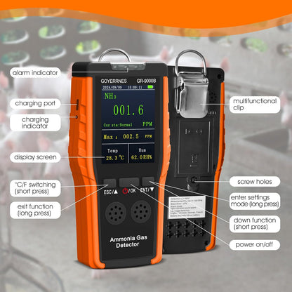 Ammoniak-gasdetector, draagbare NH3-gasdetector met alarm, temperatuur, luchtvochtigheid, digitale ammoniak-continue bewakingssensor, bereik 0-100 ppm, lcd-scherm, oplaadbaar, geschikt voor