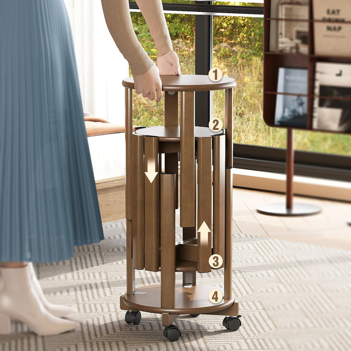 Stapelbare bamboe kruk met wielen, 4-in-1 set stapelkruk, bijzettafel en zitkruk, 46 cm hoogte, eetkamerstoelen, zonder montage, voor keuken, woonkamer, slaapkamer, walnoot