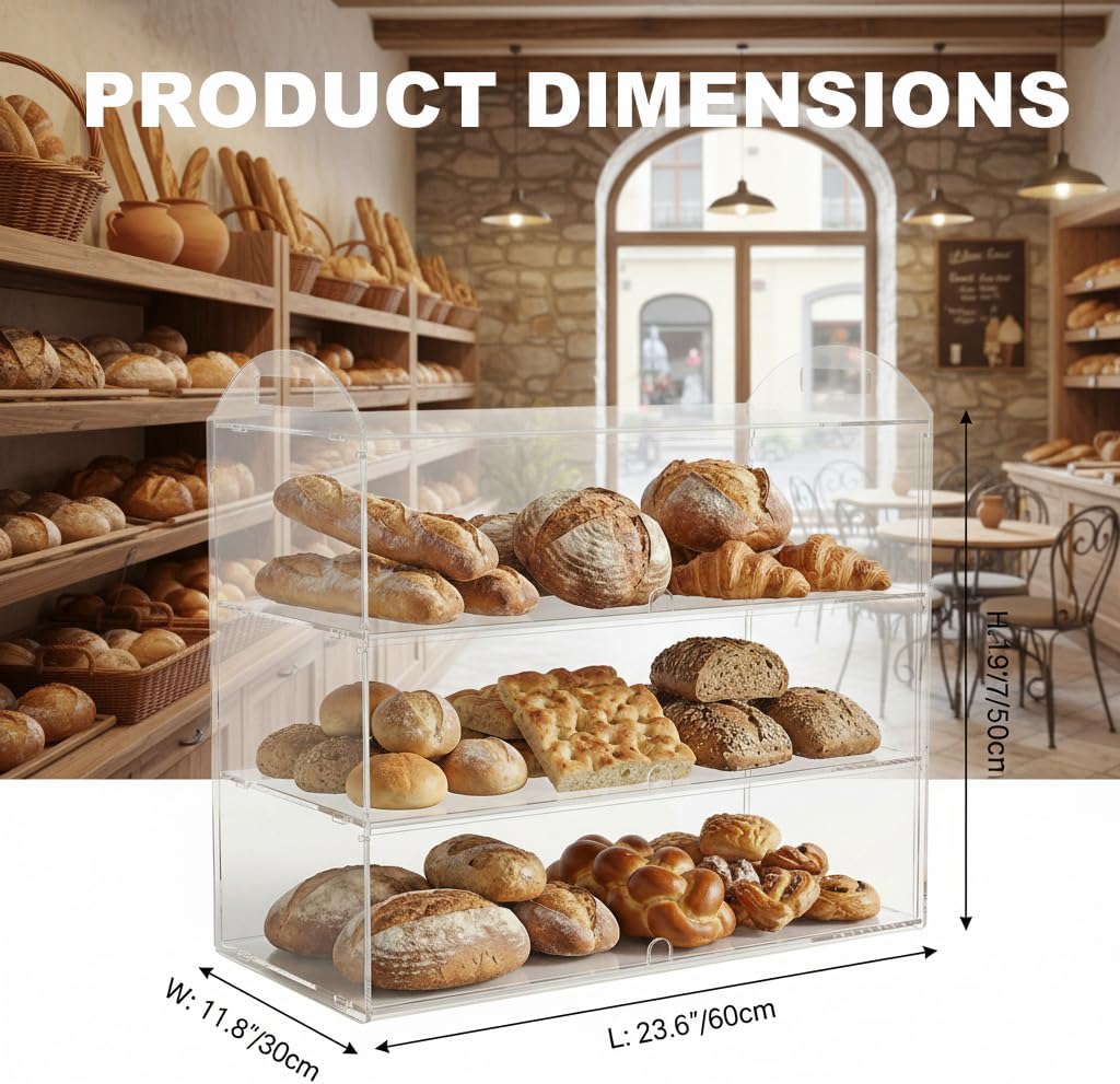 Bakkerijvitrine met 3 niveaus met handvat, aanrecht 59,9 x 30 x 47,2 cm, commerciële bakstandaard, transparante acryl presentatiedoos voor dessert, donut