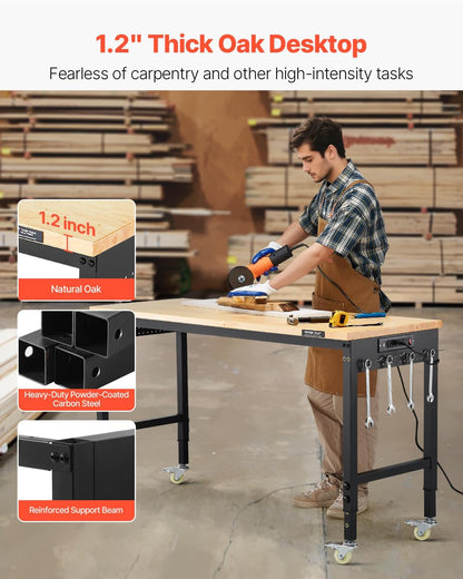 VEVOR 60 Inch Adjustable Workbench, 900 kg Load, Workbench with Socket, Wheels and Pegboard, Heavy Duty Oak Work Table for Garage, Workshop, Office and Home