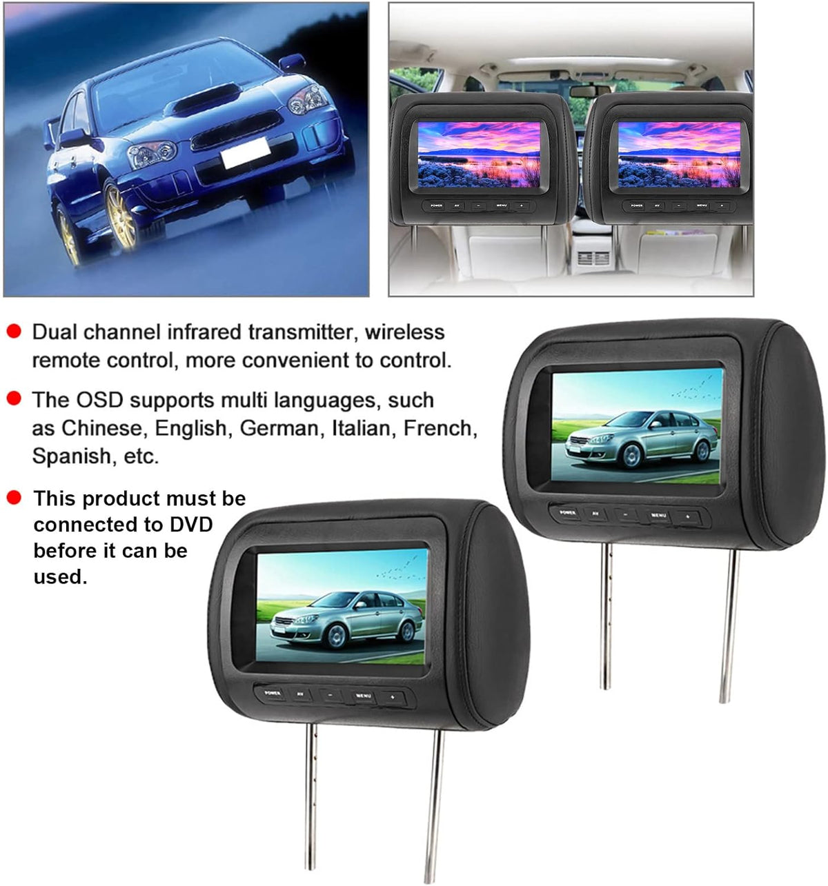 7 Inch LCD-scherm voor Autohoofdsteun, 2 Stuks 16: 9 800 X 480 Breedbeeld, Ondersteuning voor 2 Video-ingangen, Universele Autohoofdsteunmonitor met Draadloze Afstandsbediening,