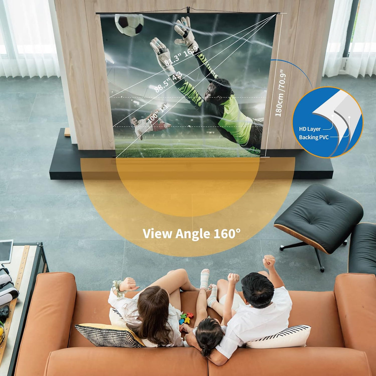 Beamerscherm met standaard, projectorscherm 80 inch, 16:9, draagbaar, projectiescherm, projectie met ultrakorte afstand mogelijk, optrekbaar, compact design, ideaal voor thuisbioscoop, binnen- en