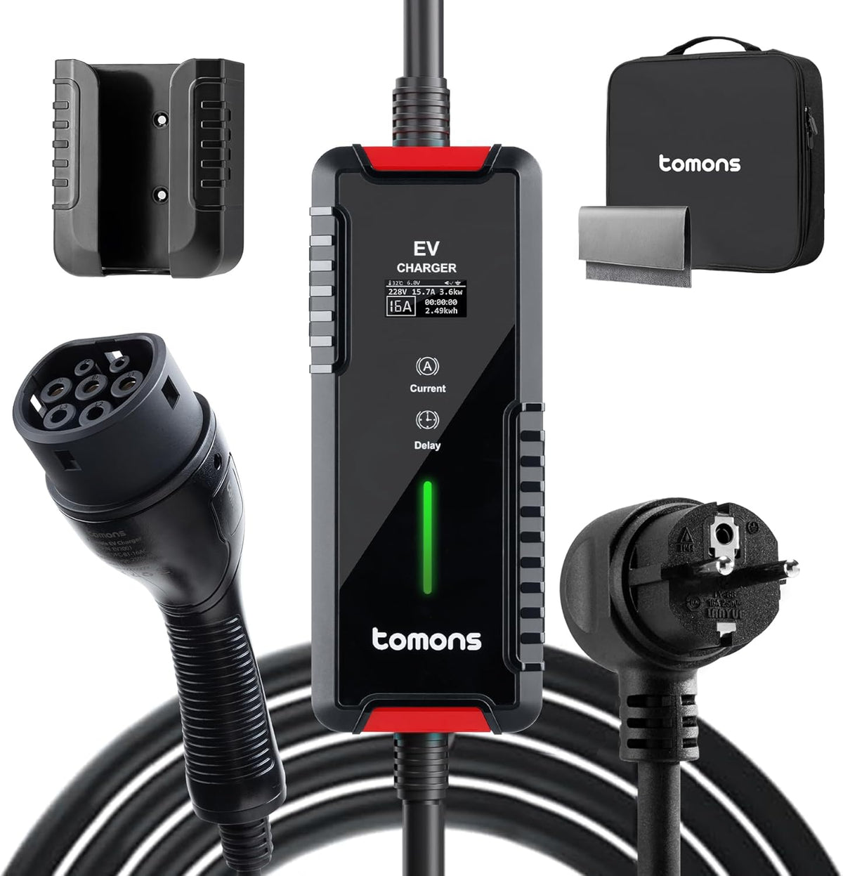 tomons Type 2 oplaadkabel Schuko 3,68 kW, eenfasig, 6-16A, 10M, EV oplader met regelbaar digitaal display en vertragingsfunctie