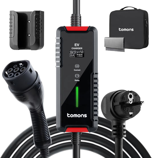 tomons Type 2 oplaadkabel Schuko 3,68 kW, eenfasig, 6-16A, 10M, EV oplader met regelbaar digitaal display en vertragingsfunctie
