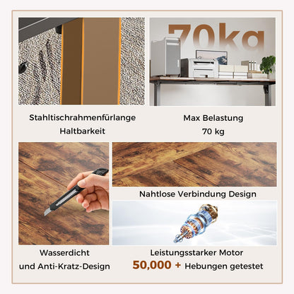 Klicelor elektrisch in hoogte verstelbaar bureau, 160 x 80 cm zit-sta bureaumeubel, computertafel met geheugenfunctie, sta-bureau, gametafel met vierdelig blad, Bruin
