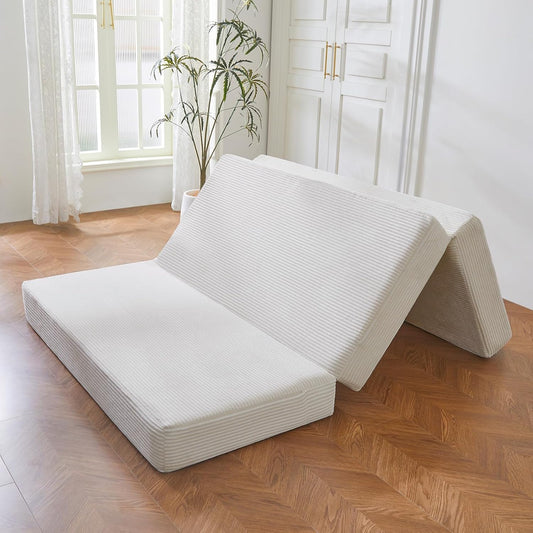 MAXYOYO Opvouwbare corduroy matras, drievoudig vloermatras 10 cm dik met wasbare hoes, opvouwbaar in drie, ruimtebesparend voor gasten (beige, eenpersoons)