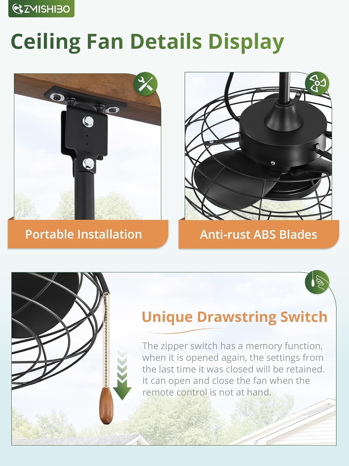 ZMISHIBO Buitenplafondventilator met licht, IP65 waterdicht, kooidesign, afstandsbediening en app-bediening, dimbare led, 3 kleurtemperaturen, voor terras, pergola en paviljoen, 15/25 cm stangen, 5 m