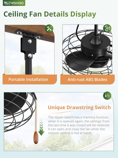 ZMISHIBO Buitenplafondventilator met licht, IP65 waterdicht, kooidesign, afstandsbediening en app-bediening, dimbare led, 3 kleurtemperaturen, voor terras, pergola en paviljoen, 15/25 cm stangen, 5 m