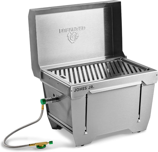 Campinggrill 1-pits BURNHARD® 3,2 kW, 500°C roestvrij staal, FitnFire™-systeem, ultracompact, draagtas, grillmat – JONES Jr.