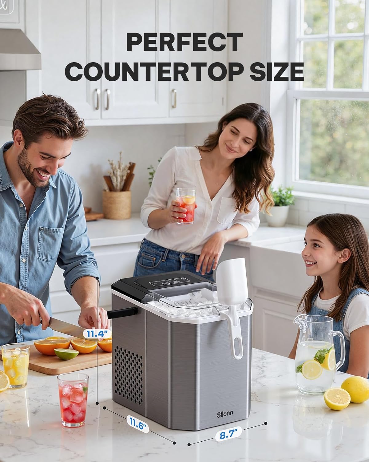 Silonn IJsblokjesmachine met handvat - draagbaar & zelfreinigend, mini ijsmaker 9 ijsblokjes / 6 min. 12 kg/dag, ijsblokjes eenvoudig uitnemen en overal gebruiken