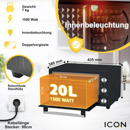 ICQN Minioven 20L, pizzaoven, boven-/onderwarmte met circulatiefunctie, 5 grill-functies, 90 minuten timer, 1500 W, mini-oven, 80 °-250 °C, bakplaat/grill/kruimelplaat en plaathouder, zwart