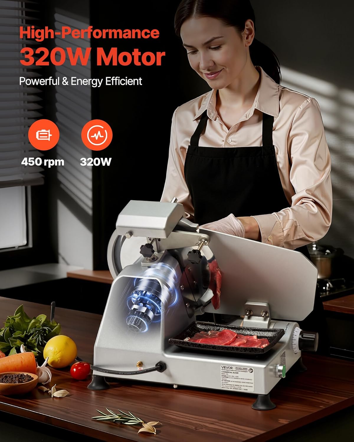 VEVOR Commerciële Vleessnijder, 25,4 cm (10 inch), 320 W voedselsnijder met SUS420-lemmet, instelbare dikte van 0 tot 10 mm, voor bevroren vlees, ham