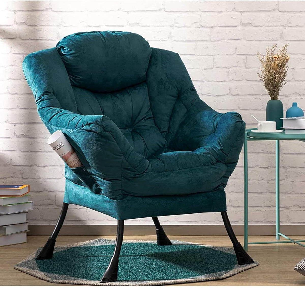 HollyHOME Relax Fauteuil Woonkamer Stoel Slaapkamer Stoel Lounge Stoel met Armleuningen Leesstoel Accentstoel met Stalen Frame, Blauw Groen