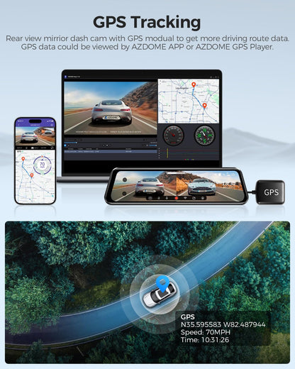 AZDOME 4K Dual Lens Spiegel Dash cam 12 ''IPS Full Touchscreen, 4K+1080P Voor en Achter 1080P IP68 Auto Camera met [Dual Cam Display] Nachtzicht WDR Parkeermodus Loop Opname G-sensor