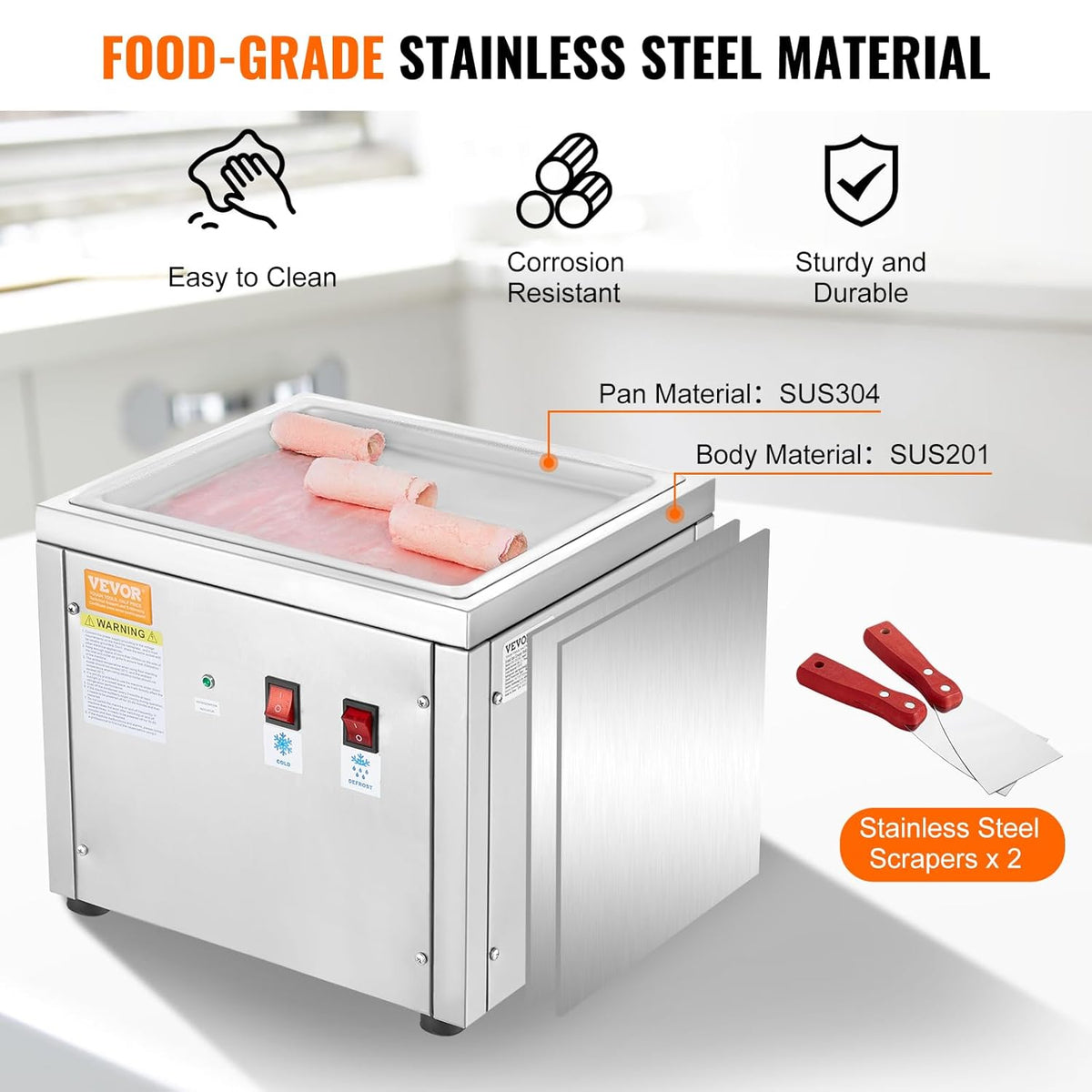 VEVOR Machine for fried ice cream rolls, 28 x 24 x 2 cm, pan for frying ice cream, ice cream maker with compressor and 2 scrapers, for making ice cream, frozen yogurt and ice cream rolls