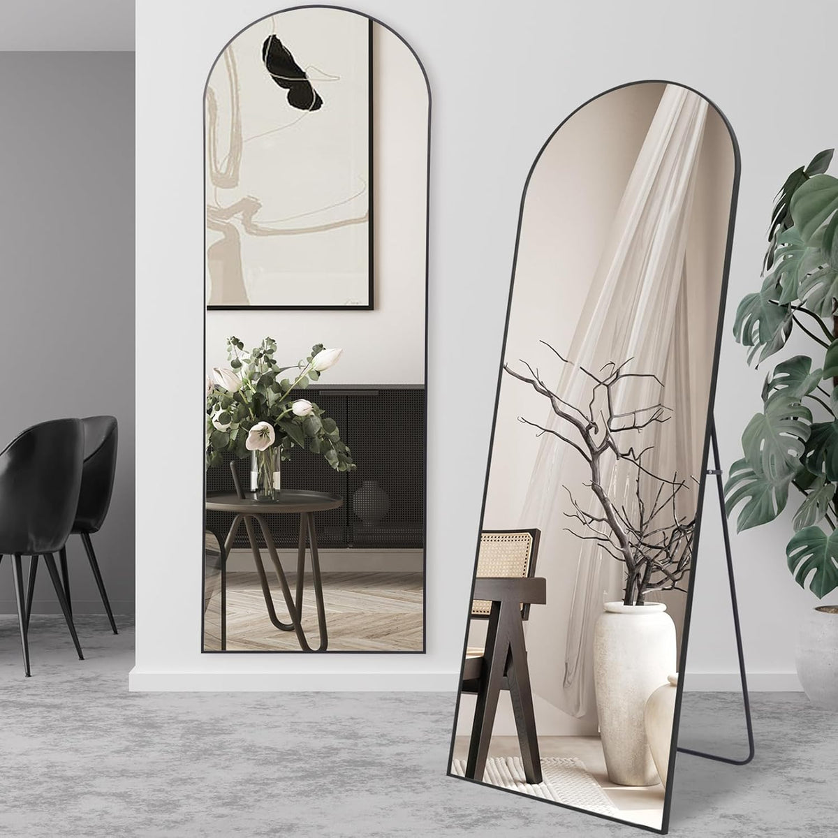 Staande spiegel over heel de lengte, vrijstaande vloerspiegel voor de slaapkamer, woonkamer en entree, ideaal voor elke ruimte, zwart boogframe, 161 x 52 cm