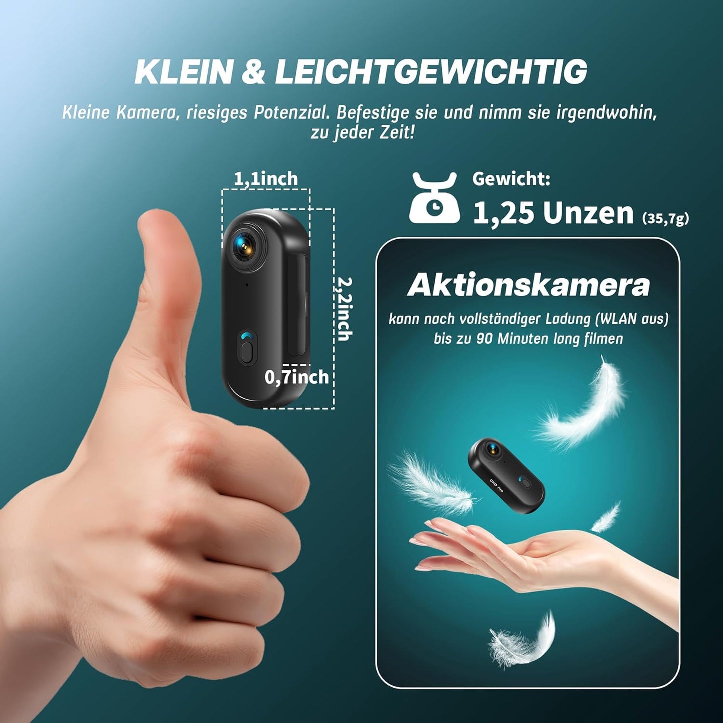 Actioncam 4K en 16 GB geheugenkaart Mini onderwatercamera Waterdicht tot 30 m, 360° helmcamera Fiets, handsfree POV's, bodycam Lichaamscamera, actiecamera, kleine camera
