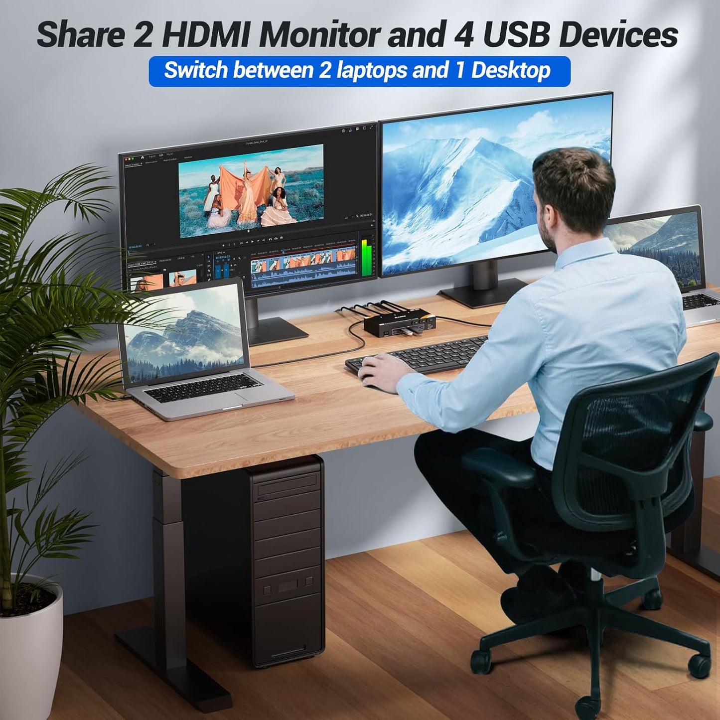 KVM Switch 2 Monitors 3 Computer USB C, USB 3.0 KVM Switch Dual Monitor HDMI for 2 Laptops 1 Desktop Share 4 USB3.0 Device Keyboard, Mouse, 85W PD, 4K@60Hz, Power Adapter and Wired Remote