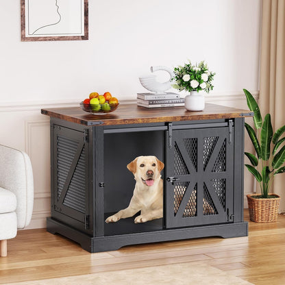 Hondenkooi, 110 cm hondenbox, Drie-deurs hondenkooi voor thuis, Schuifdeur, Modern houten hondenhok, Voor middelgrote en grote honden, Versterkt ijzeren gaas, 110x74x81 cm, Zwart