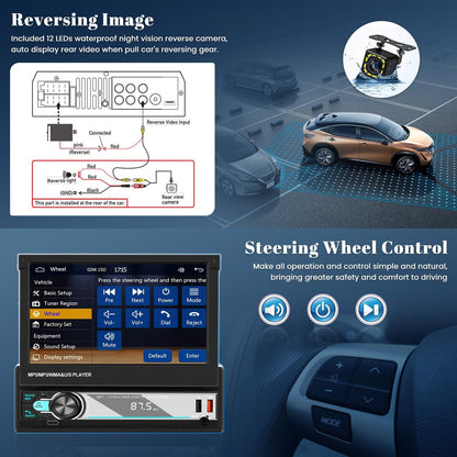 Hikity AM FM Autoradio, 1 Din Wireless Carplay Android Auto, 7 inch handmatig uitschuifbaar display, touchscreen, autoradio met Bluetooth 5.1, handsfree, radio, USB, AUX achteruitrijcamera