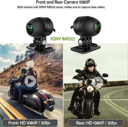 ydi Waterdichte motorfiets dashcam met draadloze CarPlay & Android Auto, 5" IPS-aanraakscherm, camera voor en achter, HD 1080P, TPMS, Bluetooth, Wi-Fi, GPS, max. 256 GB