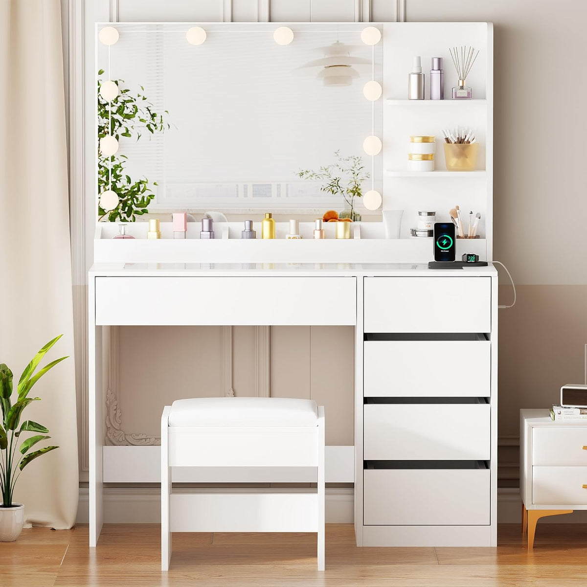 ANWBROAD Makeup Table with LED Lighting and Stool, Dressing Table with Sockets and Large Mirror, Dressing Table with 5 Drawers, Open Shelves, Modern, White BDT74W - QUORE