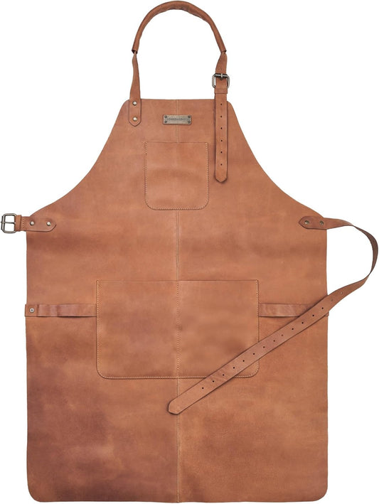 DRAKENSBERG Barbecueschort 'Bob' - professioneel keukenschort van leer voor BBQ, gastro, bar, barista, cadeau voor mannen en heren, duurzaam handgemaakt, leer, retro vintage