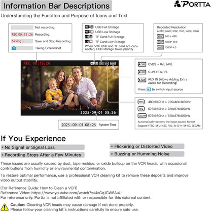 Portta VD20P VHS naar Digital Converter met 5" HD Screen, Video Capture Recorder Convert to MP4 Compatibel met VHS, VCR, DVR, DVD, Hi8, Mini DV, Camcorders, (cassettespeler niet inbegrepen)