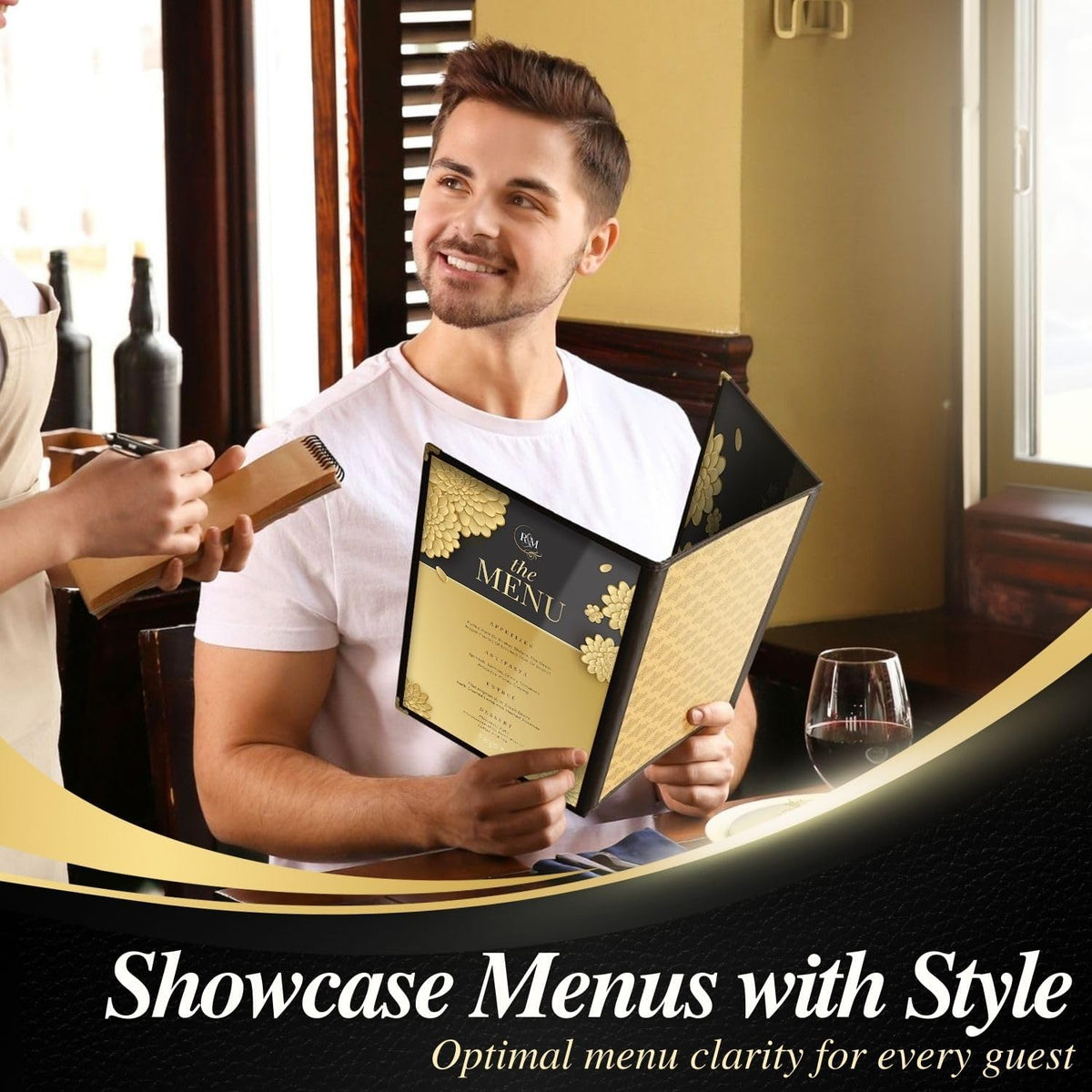 Flexzion Menuhouder 23,9 cm x 31,5 cm - Drievoudig gestikte menuhoezen met doorzichtig PVC, zwarte binding en gouden hoeken, drievoudig 3 pagina's 6 weergaven menuboek voor restaurant, café, bar en