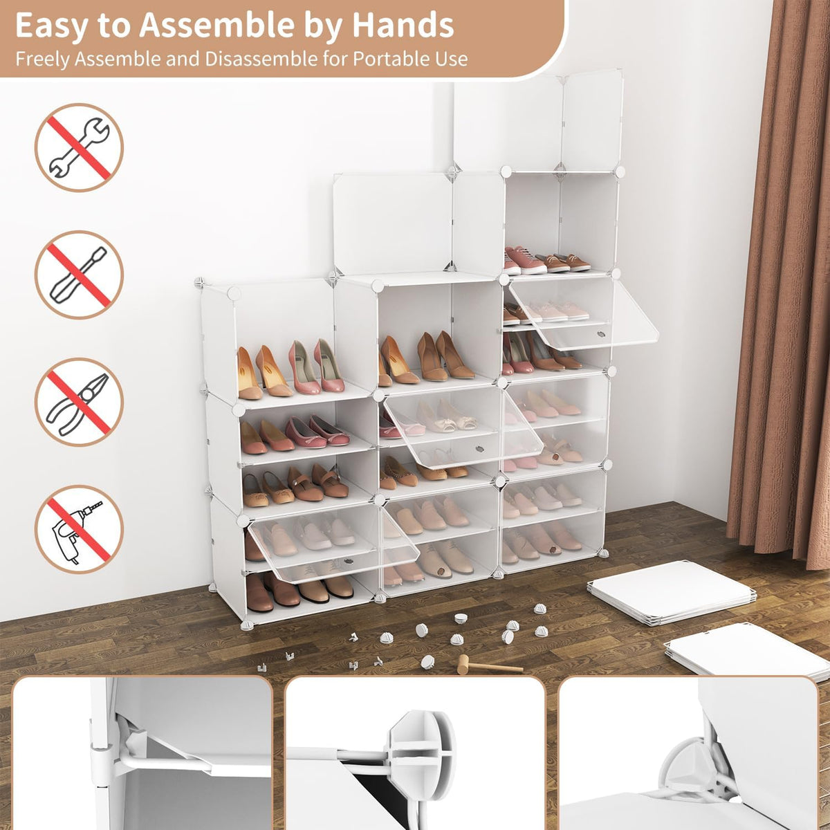 Schoenenkast – Schoenenrek – Schoenenopberger – Schoenendisplay – Schoenenbord – 12 Niveaus – Transparante Deuren – 72 Paar – Duurzaam Kunststof – Modulair Ontwerp - QUORE