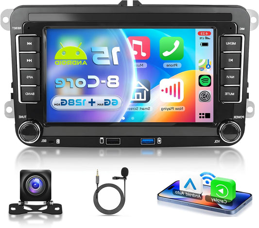 8 Core 6G + 128G Car Radio Android 15 for VW Golf 5 6 Passat Jetta Caddy EOS T5 Tiguan Touran CC Polo, 7 Inch HD IPS Touch Screen with Carplay Android Car GPS WiFi Bluetooth Type-C FM RDS - QUORE