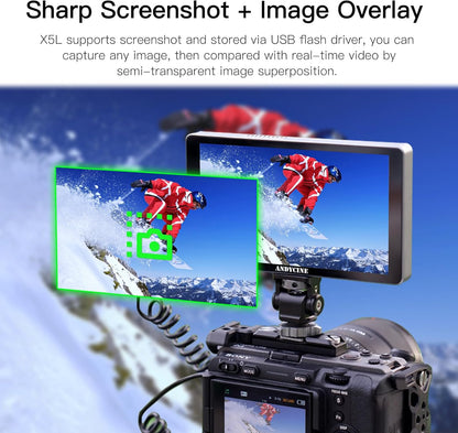 ANDYCINE X5L 6 inch touchscreen cameraveldmonitor, 1200 nits CNC-cameramonitor, ingebouwde 3000 mAh-batterij, ultralichte 4K HDMI-ingang/uitgang, Full HD 1920 x 1080P, 3D LUT-monitor voor camera