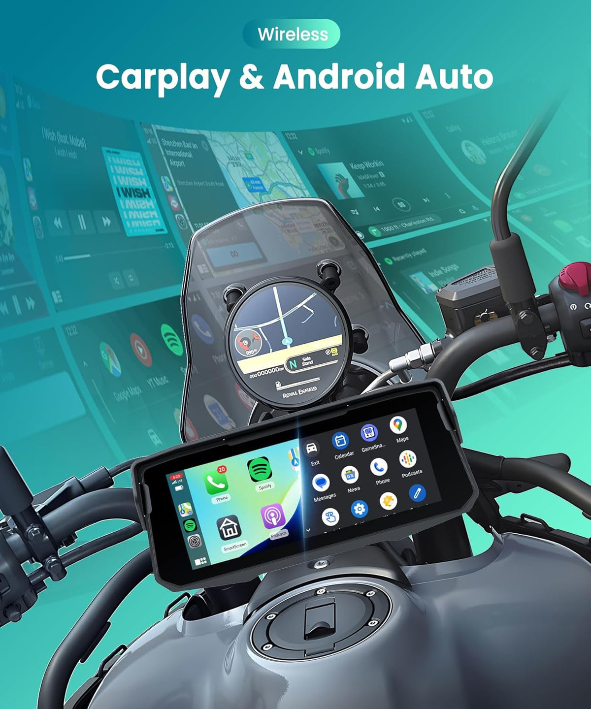 Motornavigatie, draadloos, CarPlay en Android auto via Moto, 6,86 inch HD touchscreen, GPS-navigatie, IP68 waterdicht, Bluetooth, EQ, Assistente Siri/GOO-gle, TPMS