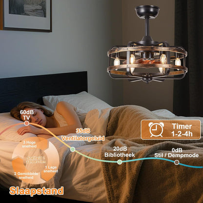 Plafondventilator met Verlichting Industriële Retro, Zwarte Metalen Kooi, Stille 3 Snelheden Reversibel Plafondventilator met Afstandsbediening, Vervangbaar 6x E14 Lamp voor Woonkamer Slaapkamer