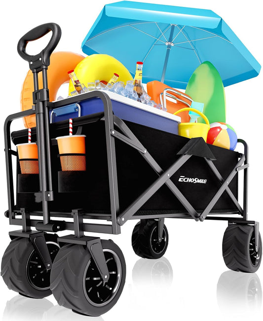 EchoSmile Bolderkar, opvouwbaar, 200 l, 160 kg, handwagen, transportwagen, inklapbaar met verstelbare handgreep en zijzakken, brede wielen, voor alle terrassen, strandwagen, tuinwagen, winkelwagen