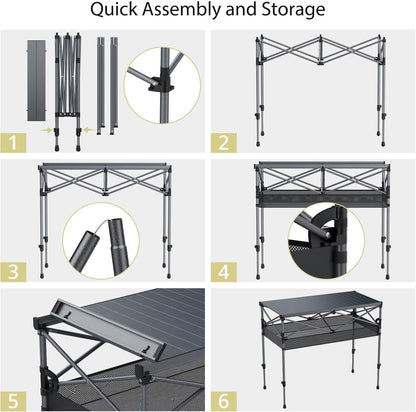Anbte Campingtafel opvouwbaar, 2 verstelbare hoogte 86,9 cm, grote oprolbare campingtafel ondersteuning 119,7 kg met opbergmand en tas, aluminium buitentafel, voor picknick reizen Bbq, 100 x 50 cm