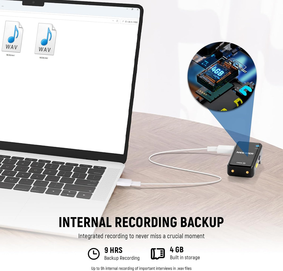 NEEWER CM28 Draadloos lavaliermicrofoonsysteem, 1 klik ruisonderdrukking, 4 GB geheugen voor 9 uur 48 kHz 16 bit niet-gecomprimeerde audio, microfoon compatibel met iPhone/Android/PC/camera/iPad