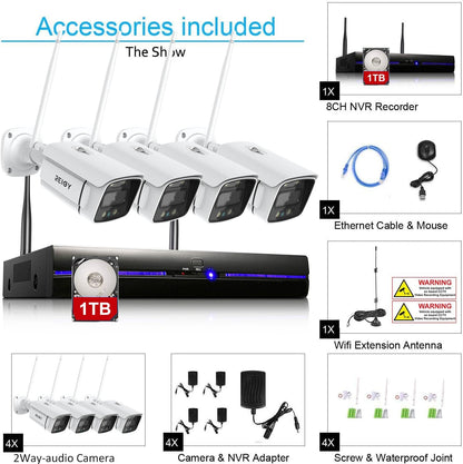 Bewakingscamera Systeem – CCTV Camera Buiten – Draadloze Beveiligingscamera – Wifi Camera Set – Outdoor Camera Set – 3MP HD Beeldkwaliteit – 1TB Harde Schijf Met Spotlight & Tweeweg Audio