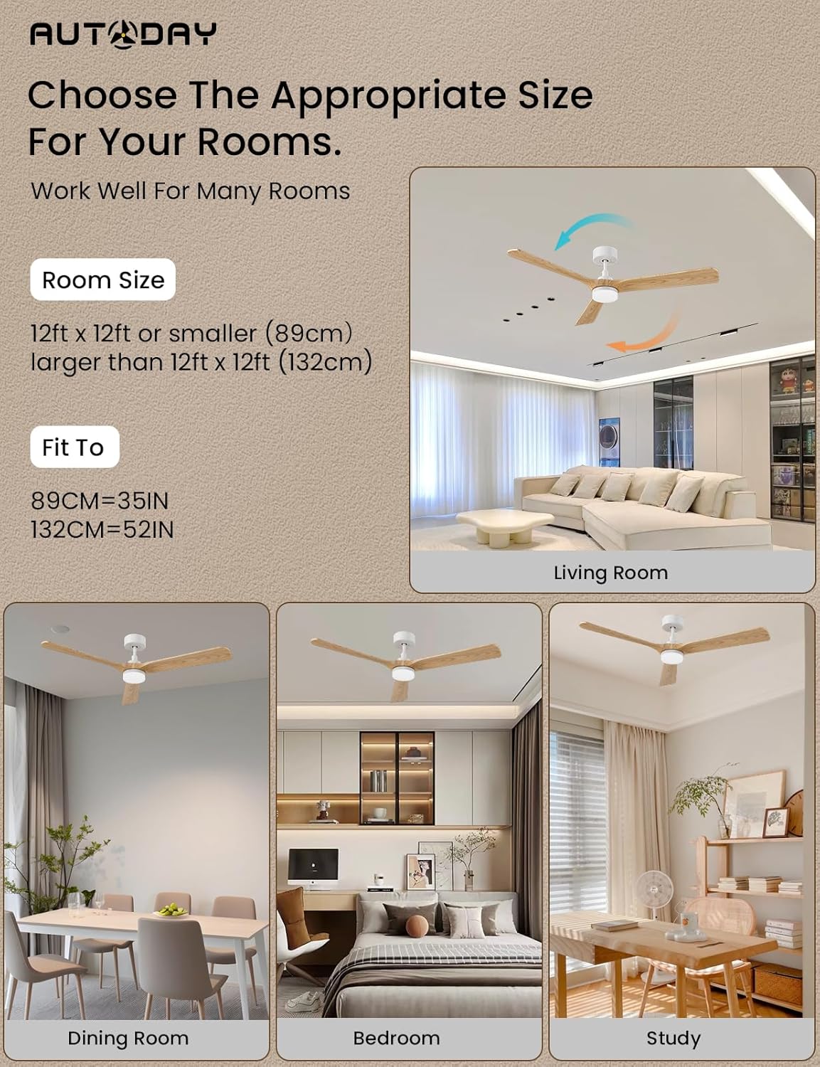 Bois Ventilateur Plafond avec Lampe Silencieux Moteur DC 30W ventilateurs de plafond diamètre 132 cm (52") avec 3 Pales réversibles Télécommande fonction mémoire et minuterie 6 vitesses