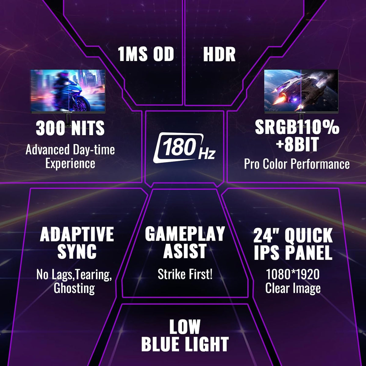 Minifire 24 inch gaming monitor, 180Hz, 1Ms, FreeSync, sRGB110% Computer Monitor, HDR, FHD 1080P, tiltable, HDMI & DP connections, Eye Care, VESA wall mount 75 * 75 (MFG24F4) - QUORE