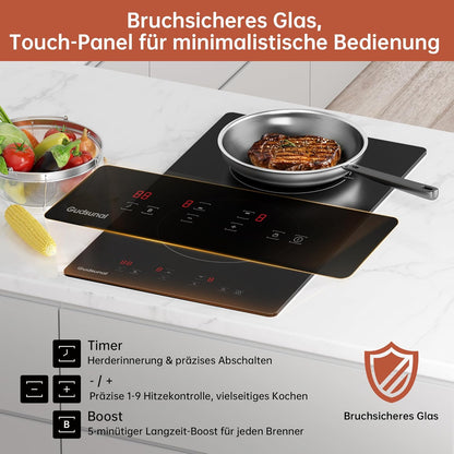 Inductiekookplaat, 2 kookplaten, inbouwkookplaat, 3600 W, continue verwarming, booster, 9 standen, timer 1-99 min, automatische uitschakeling, kindervergrendeling, pansensor, matzwart