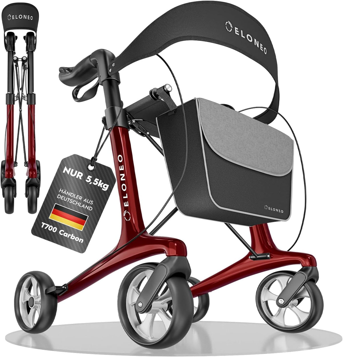 Carbon rollator inklapbaar lichtgewicht met zit, lichtgewicht reisrollator 5,5 kg, loophulp voor senioren 9-voudig in hoogte verstelbaar, inklapbare loopwagen, met tas & parapluhouder